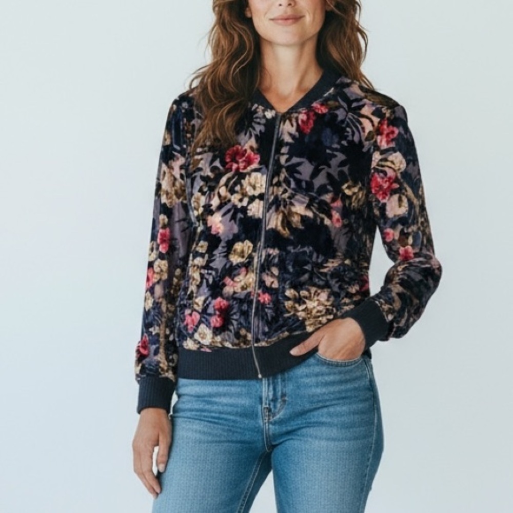 Mystree Floral Velvet Burnout Long Sleeve Full Zip Ribbed Cuffs Hem Jacket